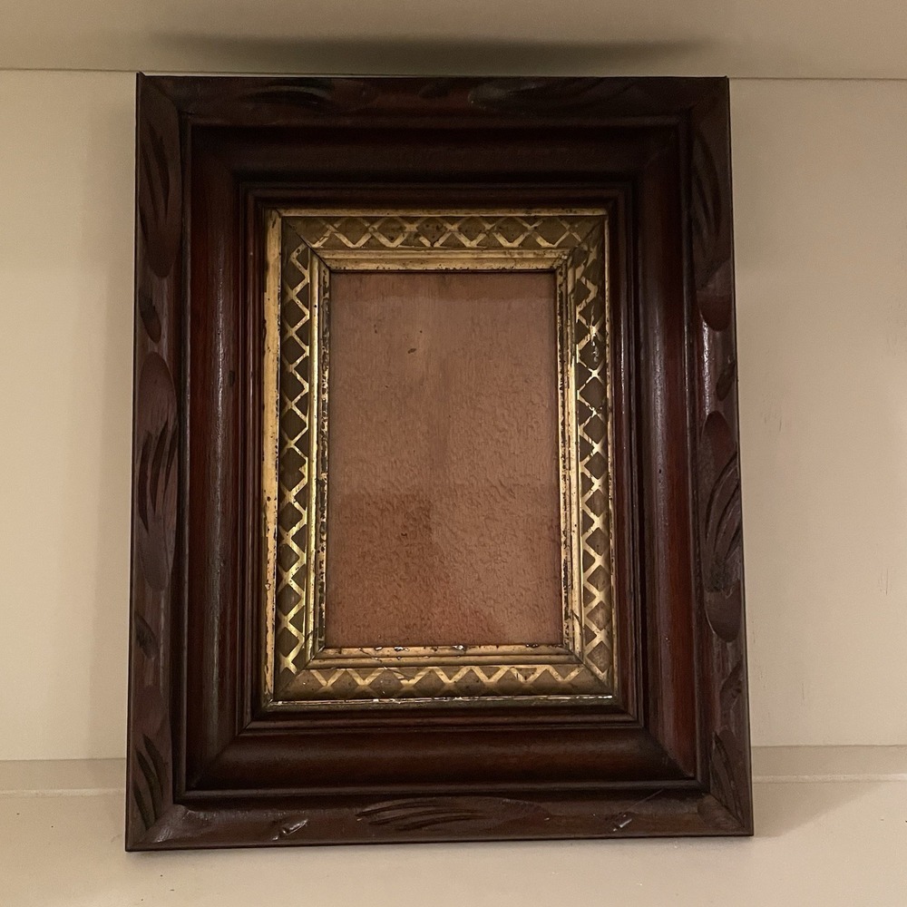 Vintage Tramp Art Adirondack Style Carved Wood Picture Frame Gilt Liner Folk Art